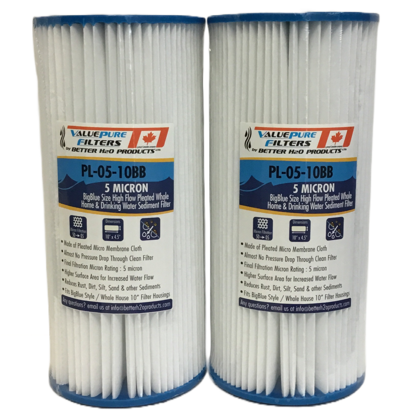 10 inch 5 Micron Pleated Sediment Filter | 10" x 4.5" | Sediment Water Filter Cartridge 10PL05 | 2pk