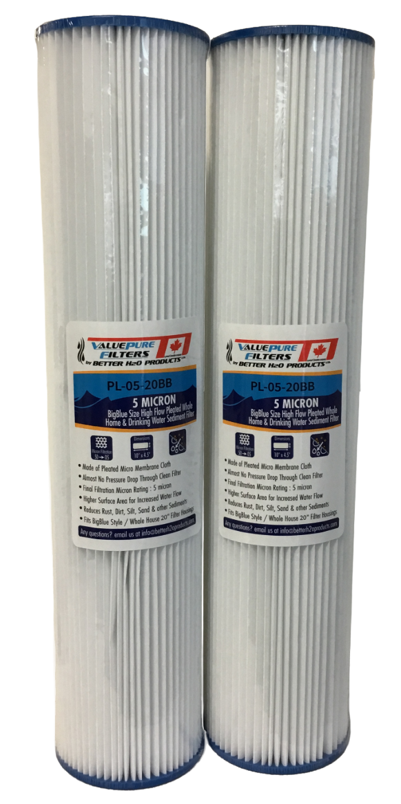 20 inch 5 Micron Pleated Sediment Filter | 20" x 4.5" | Sediment Water Filter Cartridge 20PL05 | 2pk