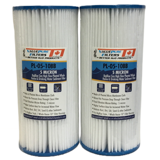 10 inch 5 Micron Pleated Sediment Filter | 10" x 4.5" | Sediment Water Filter Cartridge 10PL05 | 2pk