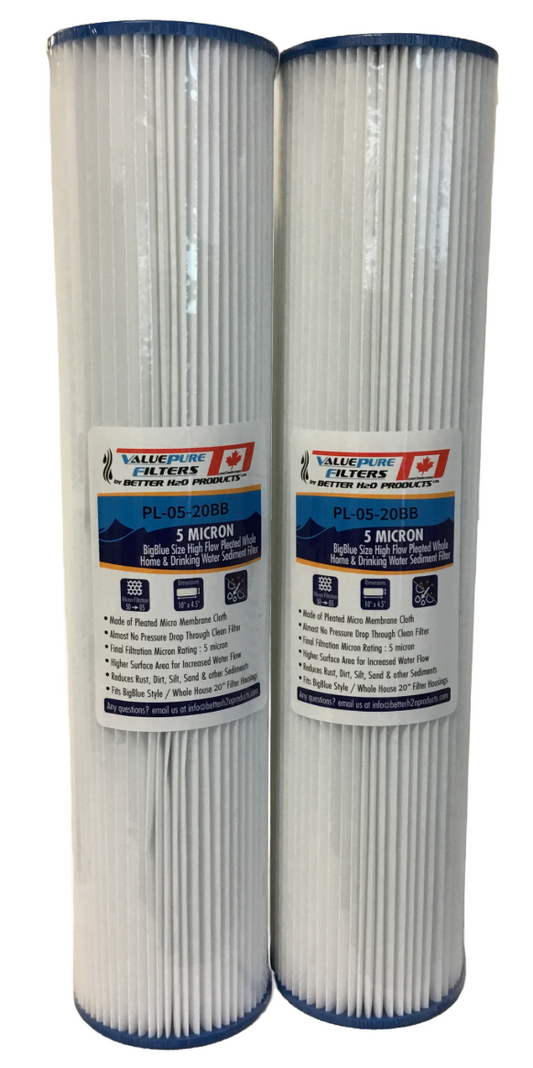 20 inch 5 Micron Pleated Sediment Filter | 20" x 4.5" | Sediment Water Filter Cartridge 20PL05 | 2pk