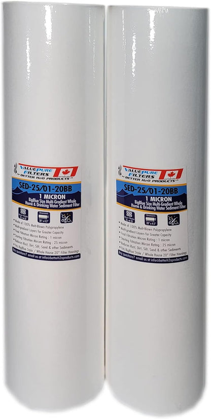 20 inch 1 Micron Multi-Gradient Sediment Filters | 20" x 4.5" Sediment Water Filter Replacement Cartridges | Case of 10